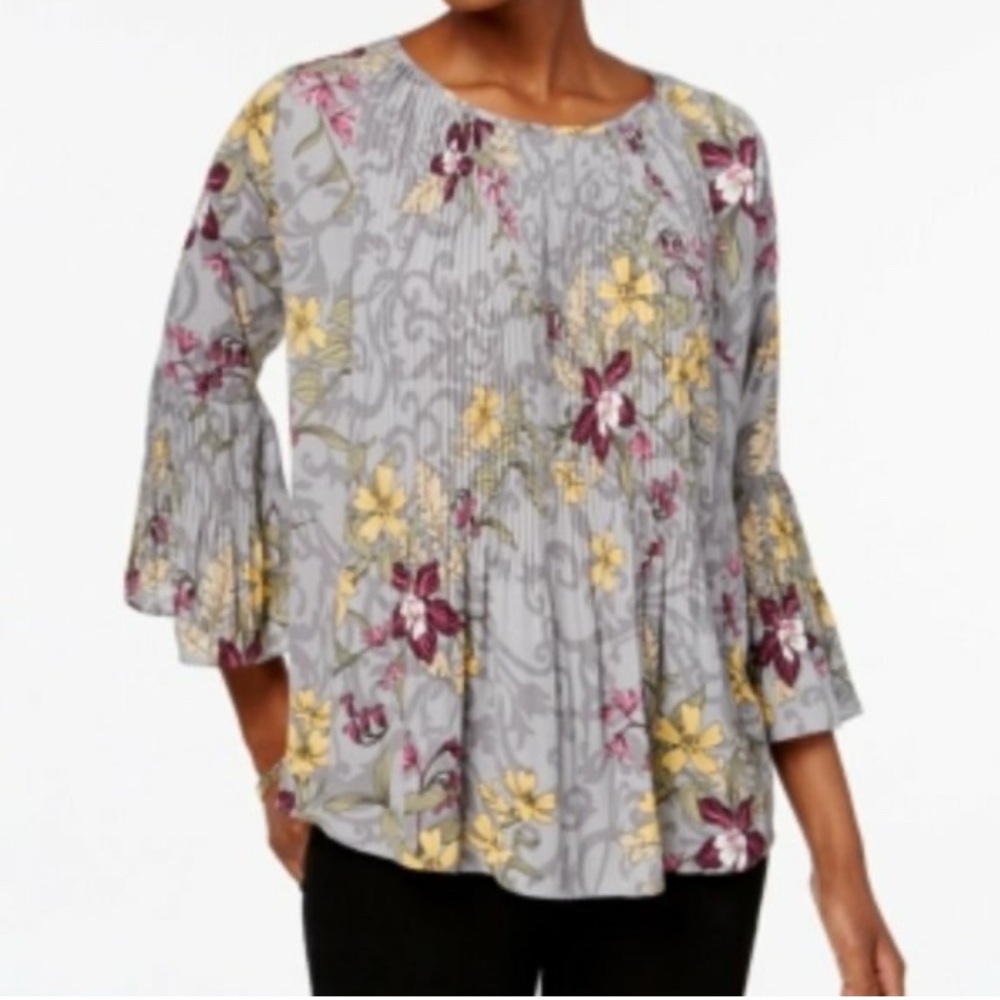 Womens Charter Club Floral Pleated‎ Boho Bell Sleeve Top Blouse Shirt